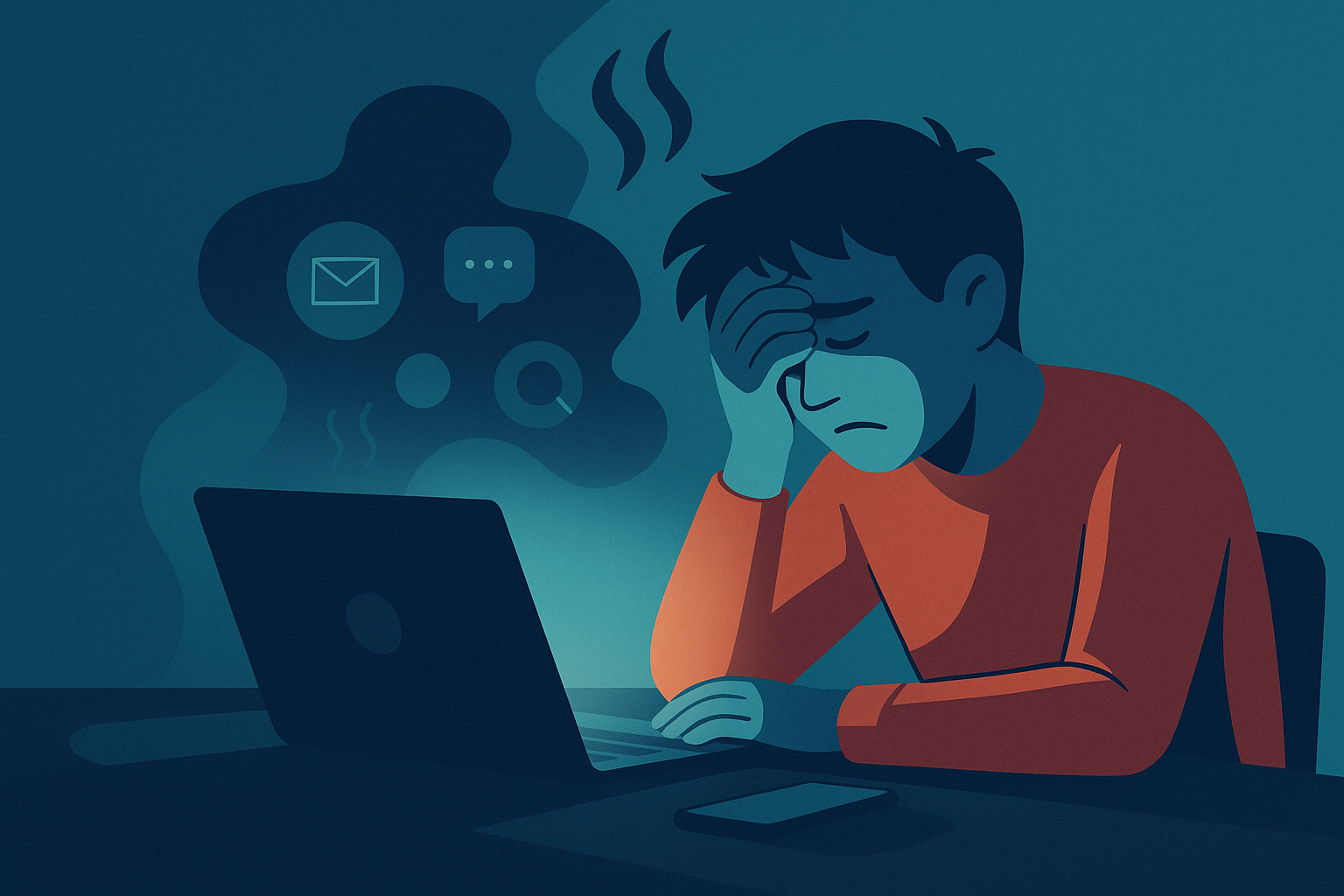 Εικονογράφηση ψηφιακής κόπωσης με άτομο μπροστά σε οθόνη που δείχνει έντονη ψυχική εξάντληση