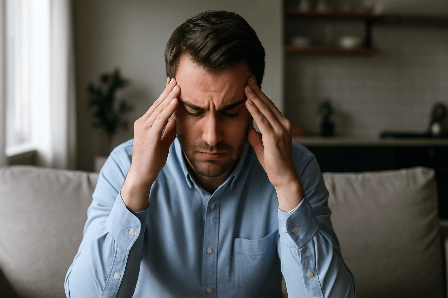 Γιατί νιώθουμε ότι δεν έχουμε ποτέ καθαρό μυαλό, ακόμα κι όταν όλα είναι ήσυχα Άνδρας με νοητική ένταση και δυσκολία συγκέντρωσης σε ήρεμο περιβάλλον