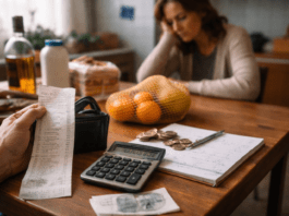 Οικογενειακό τραπέζι σε modest ελληνικό σπίτι, με απλά τρόφιμα και ήσυχη ατμόσφαιρα καθημερινότητας