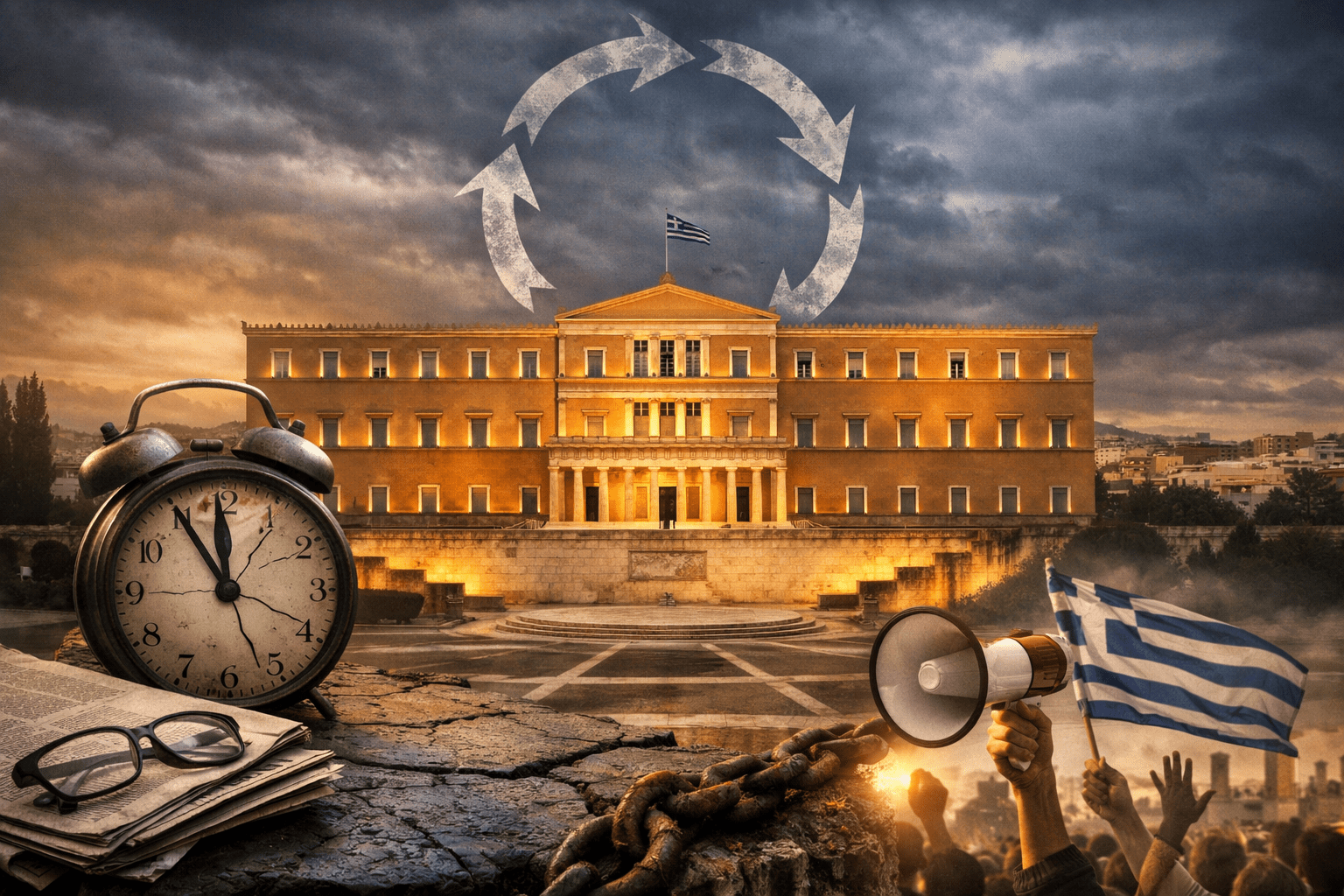 Συμβολική απεικόνιση της ελληνικής δημόσιας ζωής με το κτίριο της Βουλής, στοιχεία χρόνου και δημόσιας έκφρασης