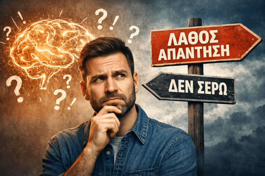 Άνθρωπος σε σκέψη μπροστά σε επιλογή ανάμεσα σε λάθος απάντηση και στο «δεν ξέρω», με συμβολική απεικόνιση εγκεφάλου