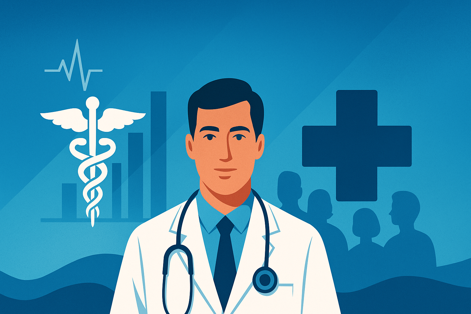 Σύγχρονη εικονογράφηση υγείας με γιατρό και ιατρικά σύμβολα, έννοια στρατηγικής υγείας και βιώσιμου συστήματος περίθαλψης