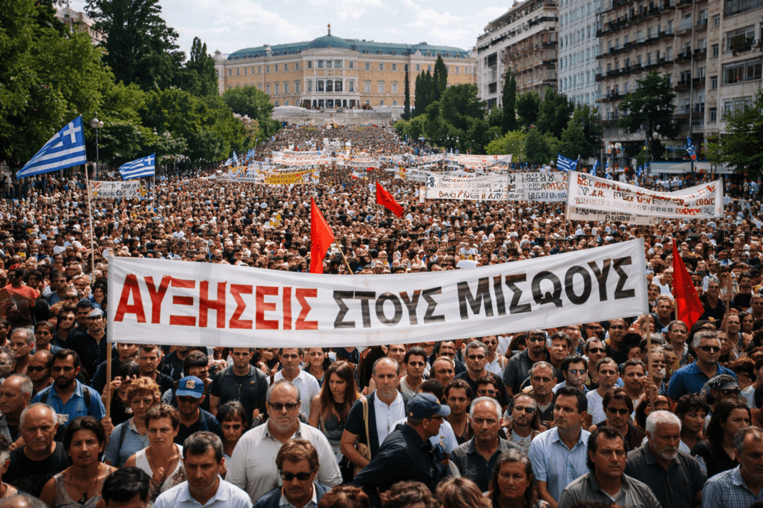 Μαζική διαδήλωση πολιτών στο κέντρο της Αθήνας με πανό για αυξήσεις μισθών και ελληνικές σημαίες