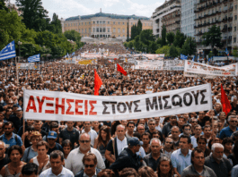 Μαζική διαδήλωση πολιτών στο κέντρο της Αθήνας με πανό για αυξήσεις μισθών και ελληνικές σημαίες