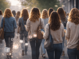 Ομάδα γυναικών περπατά σε αστικό περιβάλλον κρατώντας smartphones, με διακριτικά σύμβολα κοινωνικών δικτύων να απομακρύνονται