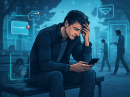 Άνδρας καθισμένος σε αστικό χώρο κοιτάζει το κινητό του με εμφανή νοητική κόπωση, ενώ γύρω του υπάρχουν ψηφιακά ερεθίσματα και άνθρωποι απορροφημένοι στις συσκευές τους.