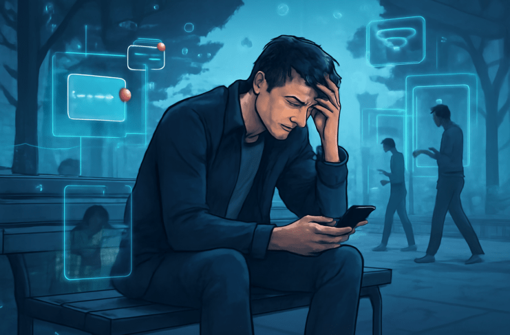 Άνδρας καθισμένος σε αστικό χώρο κοιτάζει το κινητό του με εμφανή νοητική κόπωση, ενώ γύρω του υπάρχουν ψηφιακά ερεθίσματα και άνθρωποι απορροφημένοι στις συσκευές τους.