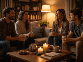 Τέσσερις ενήλικες συζητούν χαλαρά σε σαλόνι σπιτιού, καθισμένοι γύρω από τραπεζάκι με ζεστό φωτισμό και ροφήματα