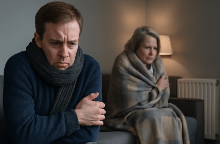 Άνδρας και γυναίκα σε εσωτερικό χώρο σπιτιού, αμφότεροι κρυώνουν λόγω χαμηλής θερμοκρασίας, ενώ η θέρμανση είναι αναμμένη.