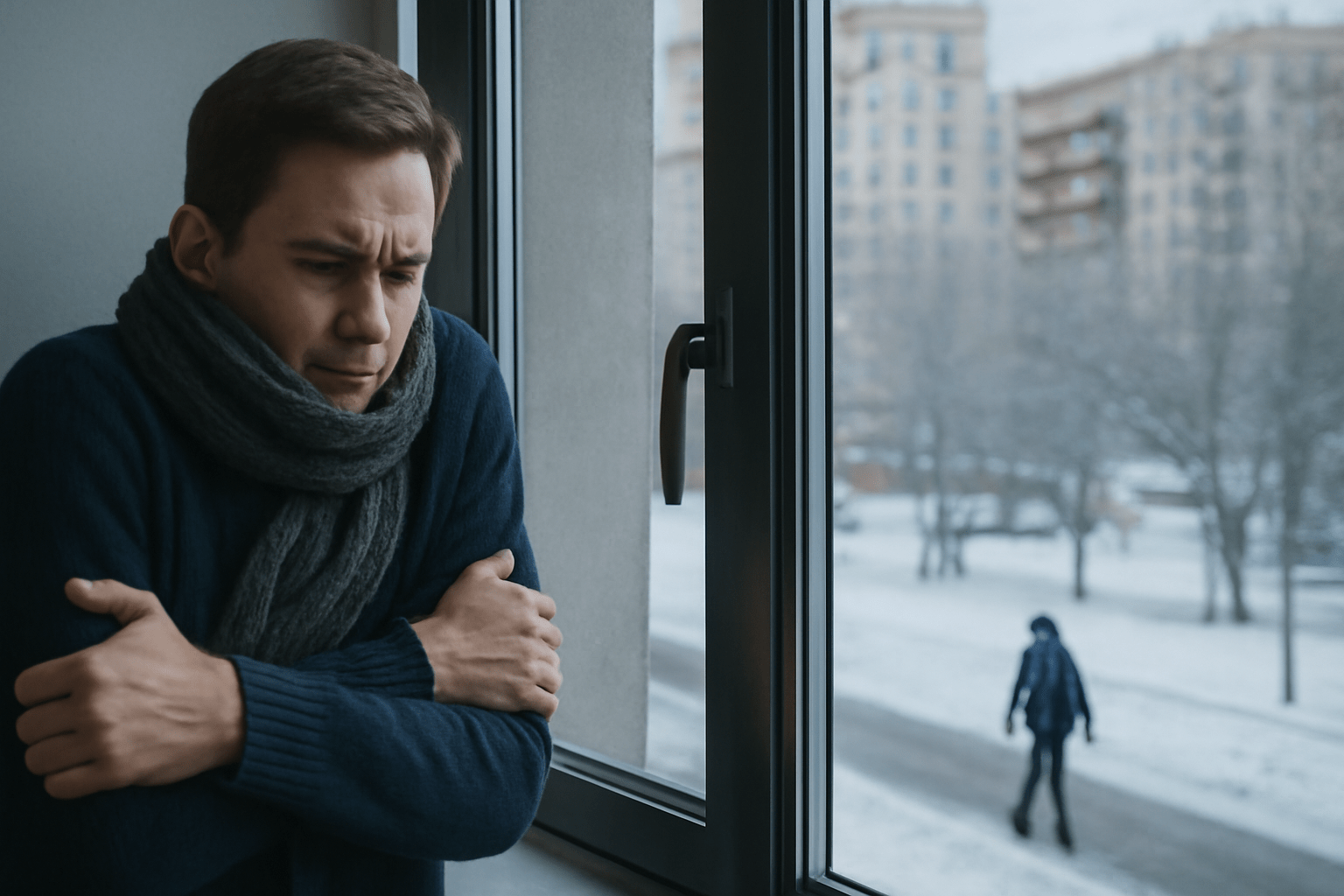Άνδρας μέσα σε αστικό διαμέρισμα που κρυώνει δίπλα σε παράθυρο, ενώ έξω επικρατεί χειμερινό τοπίο