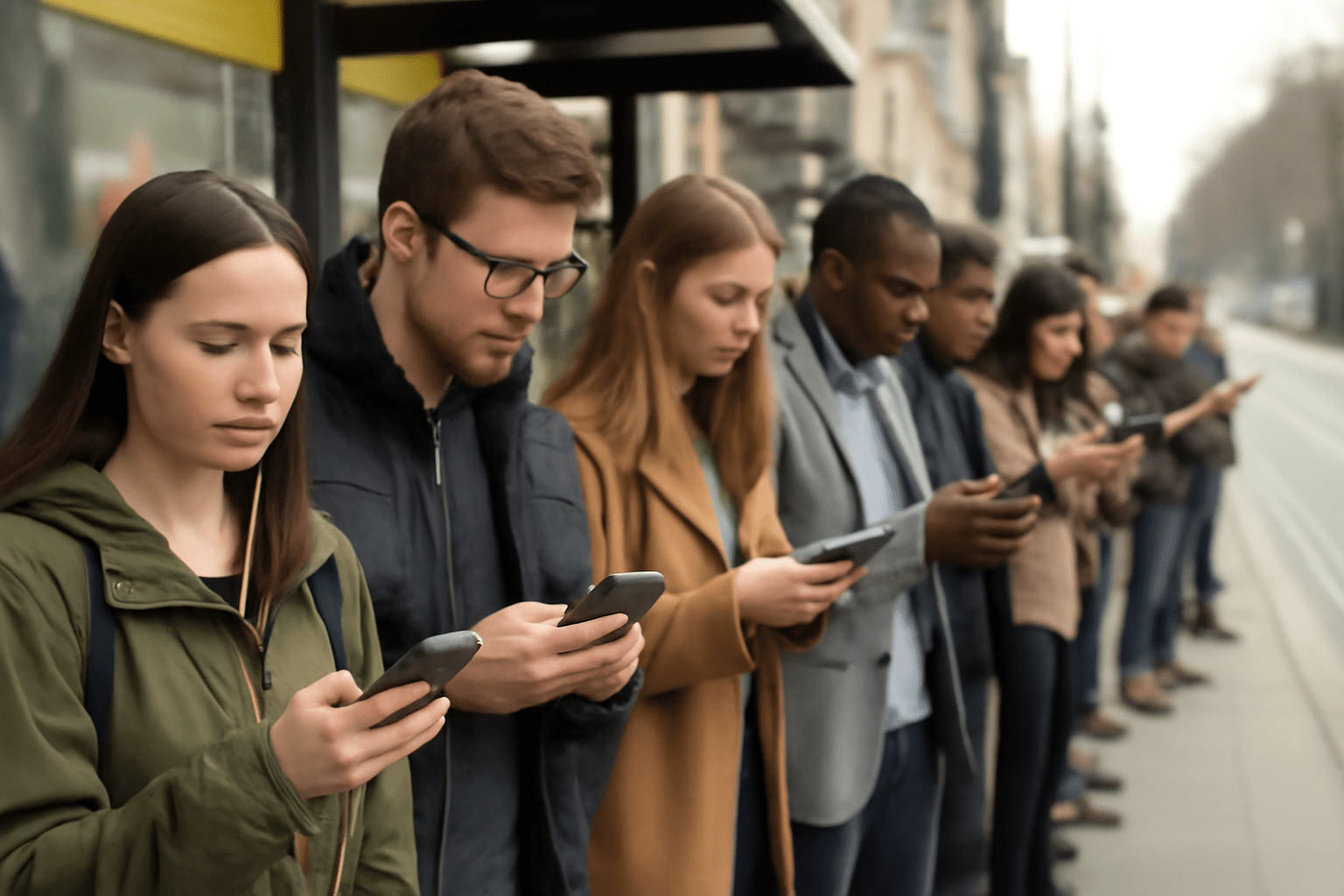 Πολλοί άνθρωποι περιμένοντας στη στάση του λεωφορείου, απορροφημένοι στα κινητά τους τηλέφωνα, σε μια πολυσύχναστη αστική περιοχή.