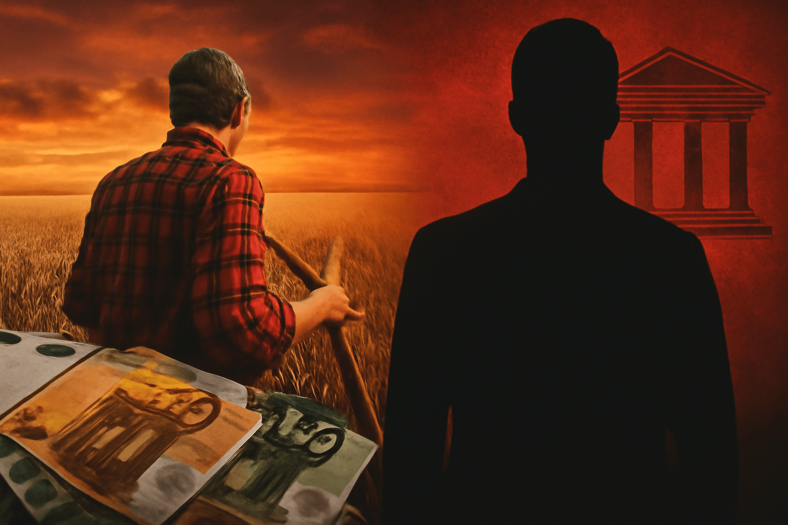 Σκάνδαλο Επιδοτήσεων στον Αγροτικό Τομέα: Πολιτικές Σχέσεις και Ασάφειες στον ΟΠΕΚΕΠΕ Εικόνα που συνδυάζει τη γεωργία με τη διαφθορά στον ΟΠΕΚΕΠΕ, απεικονίζοντας το σκάνδαλο επιδοτήσεων και τις πολιτικές σχέσεις στον αγροτικό τομέα.