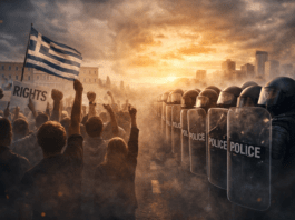 Συμβολική εικόνα κοινωνικής διαμαρτυρίας απέναντι σε αστυνομικές δυνάμεις, που αποτυπώνει την ένταση ανάμεσα στη δημόσια τάξη και τα δημοκρατικά δικαιώματα