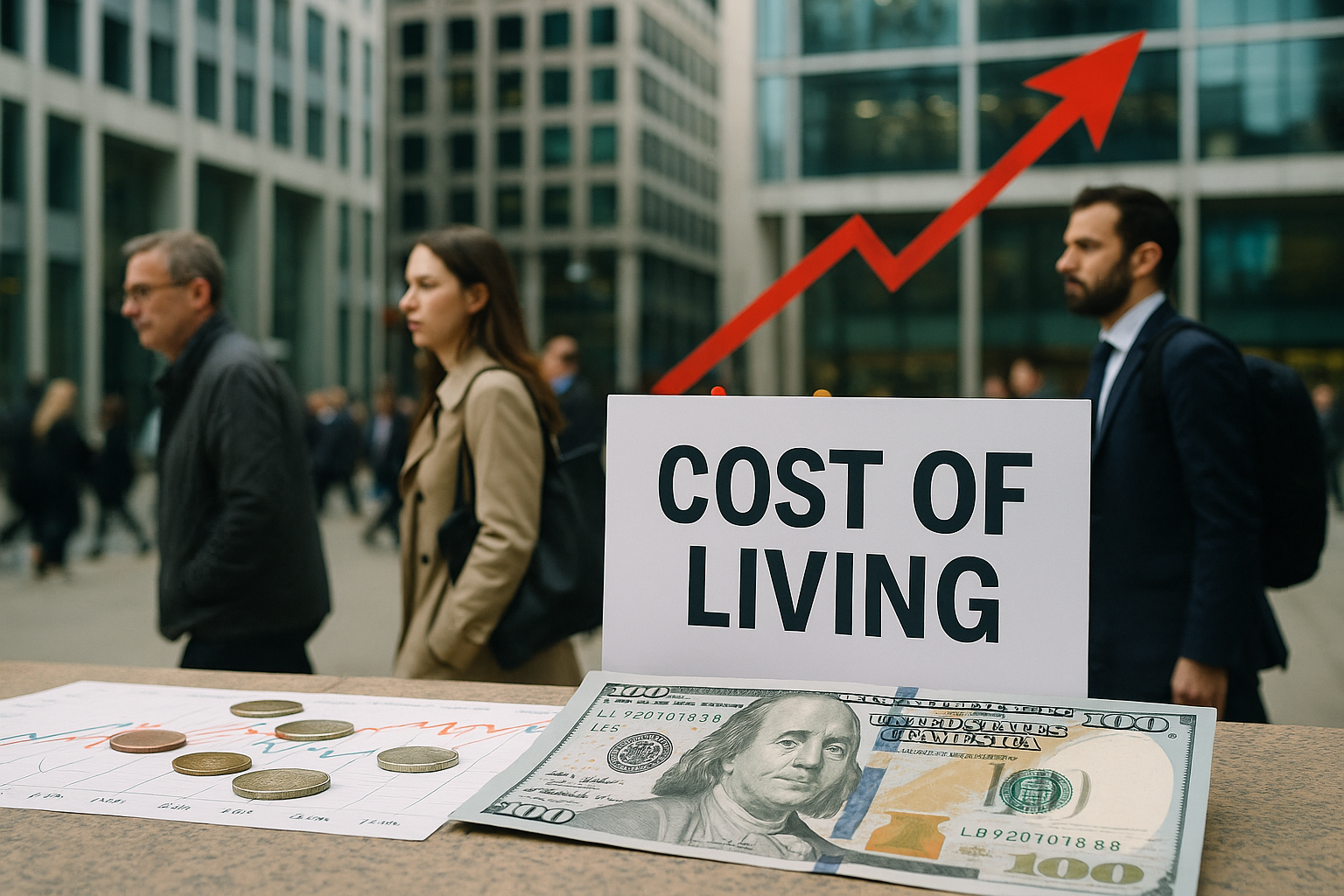 Καθημερινή οικονομική δραστηριότητα σε αστικό περιβάλλον, με πολίτες και στοιχεία που αποτυπώνουν το αυξανόμενο κόστος ζωής