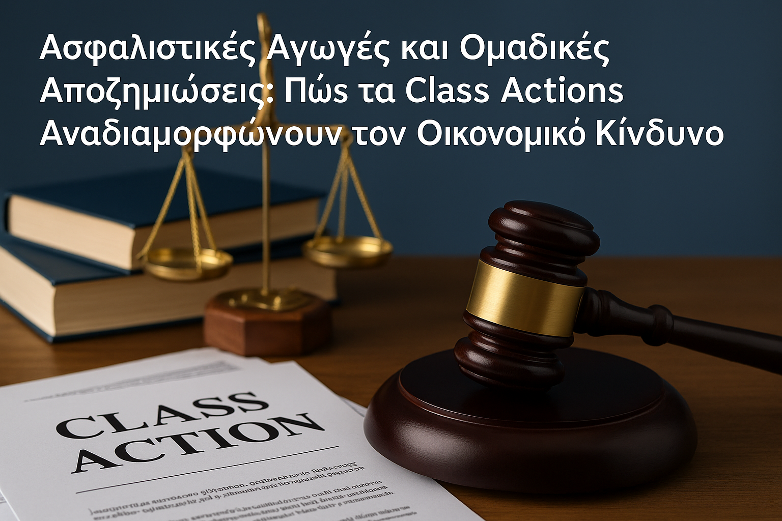 Δικαστικό σφυρί, ζυγαριά δικαιοσύνης και νομικά έγγραφα που συμβολίζουν τις ασφαλιστικές αγωγές, τις ομαδικές αποζημιώσεις και τον οικονομικό κίνδυνο για επιχειρήσεις