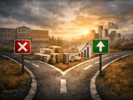 Συμβολική εικόνα που απεικονίζει την οικονομική πολιτική ως μονόδρομο και τα διλήμματα επιλογών για την κοινωνία