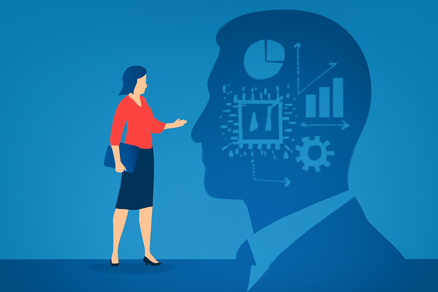 Σύγχρονη εικονογράφηση που απεικονίζει την τεχνητή νοημοσύνη δίπλα σε εργαζόμενο σε γραφείο, ως συμβολική αναπαράσταση του μέλλοντος της εργασίας