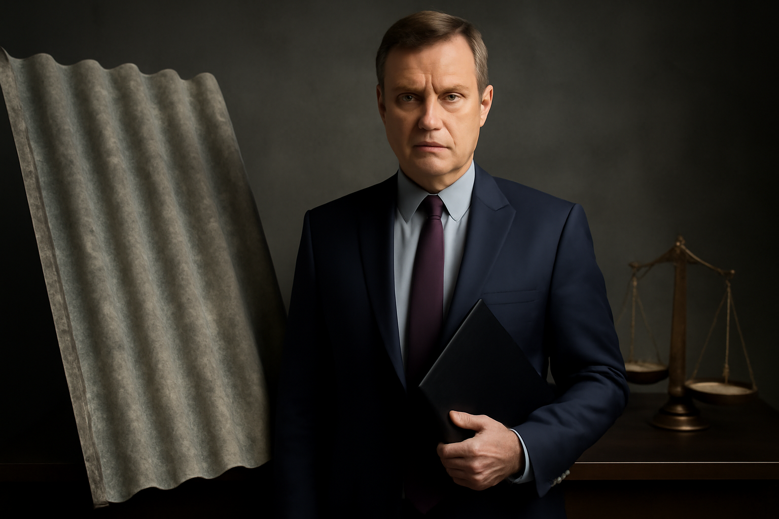 Συμβολική απεικόνιση του νομικού και οικονομικού κινδύνου από την έκθεση σε αμίαντο και το μεσοθηλίωμα, με στοιχεία βιομηχανικού περιβάλλοντος και δικαιοσύνης.