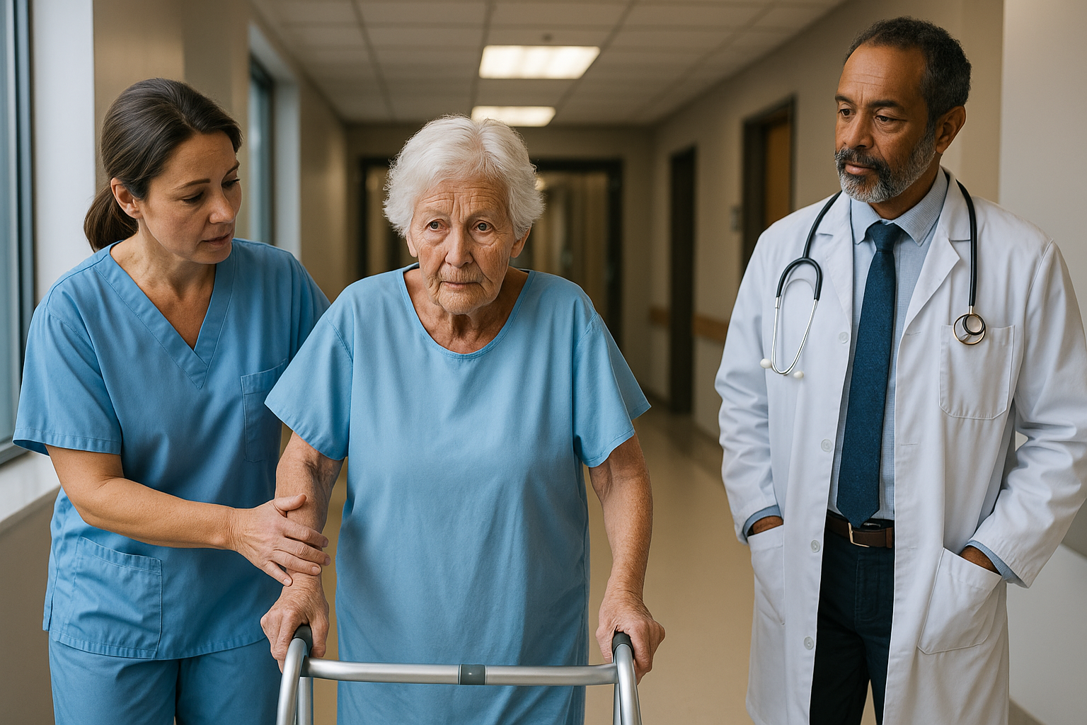 Ηλικιωμένη γυναίκα με περιπατητήρα, με τη βοήθεια νοσηλεύτριας και γιατρού σε νοσοκομειακό διάδρομο.