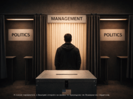 Συμβολική εικόνα πολίτη μπροστά σε κάλπη, με τη διαχείριση να υπερισχύει της πολιτικής επιλογής στη σύγχρονη δημοκρατία