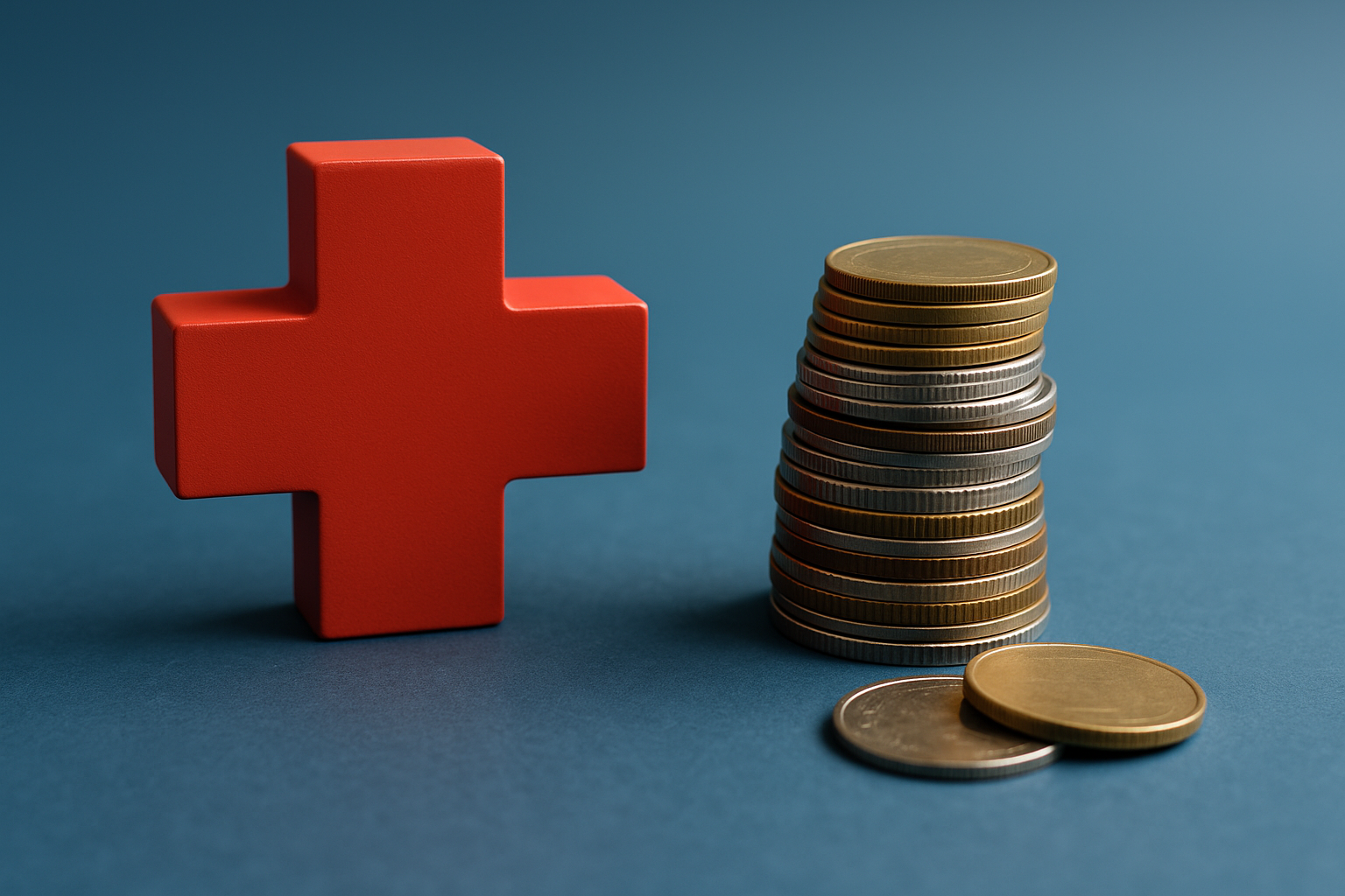 Σχέση υγείας και οικονομίας με ιατρικό σύμβολο και νομίσματα που απεικονίζουν τις δημόσιες δαπάνες υγείας