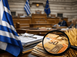 Ελληνική Βουλή στο φόντο με ελληνική σημαία, έγγραφα, μεγεθυντικό φακό πάνω σε χαρτονομίσματα ευρώ και στάχυα σιταριού, συμβολίζοντας τον έλεγχο αγροτικών ενισχύσεων και τον ΟΠΕΚΕΠΕ.