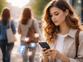 Γυναίκα κοιτά το κινητό της σε αστικό περιβάλλον, με διακριτικά σύμβολα κοινωνικών δικτύων που απομακρύνονται