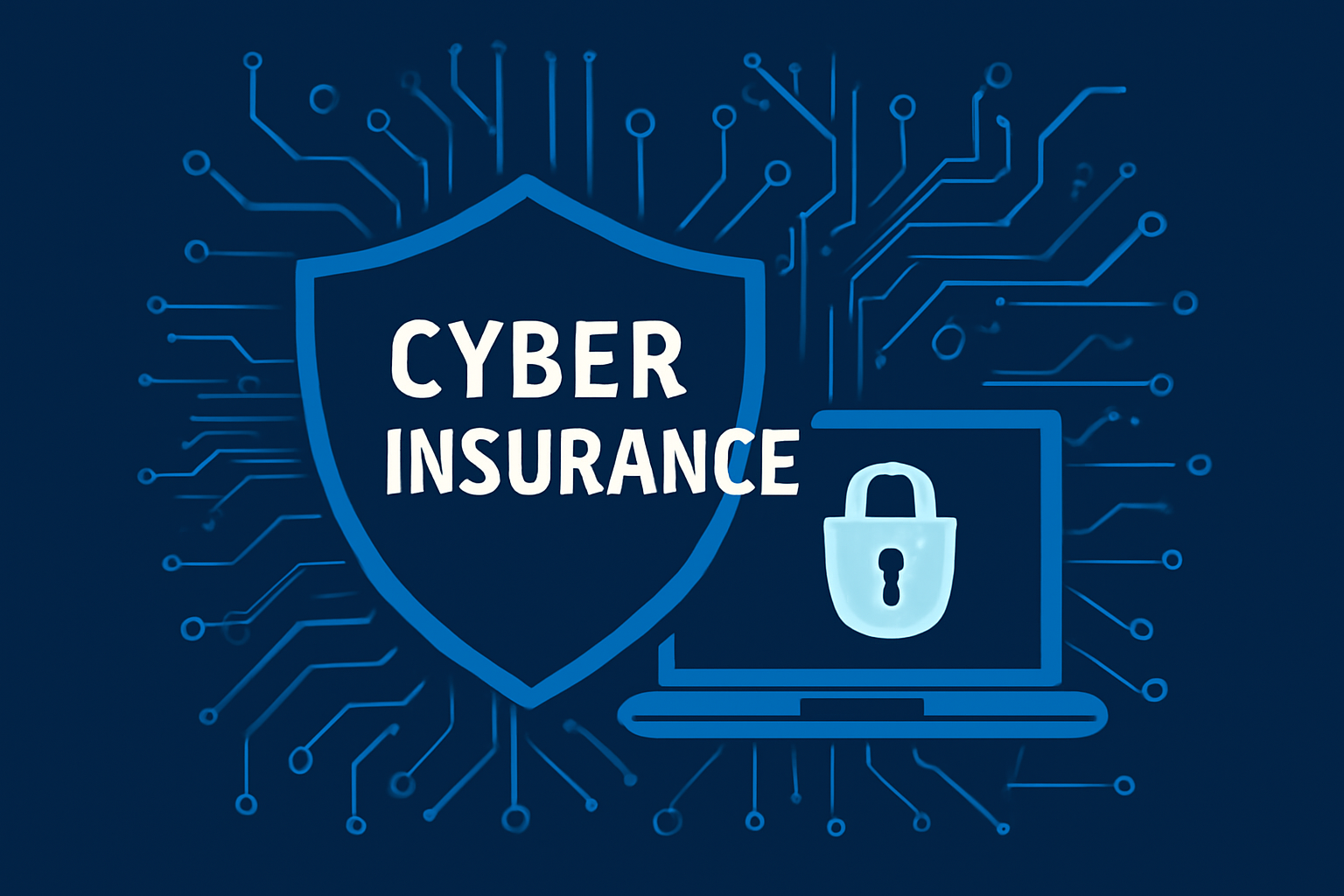 Cyber insurance and digital risk management illustration showing data protection, cybersecurity, and business risk coverage