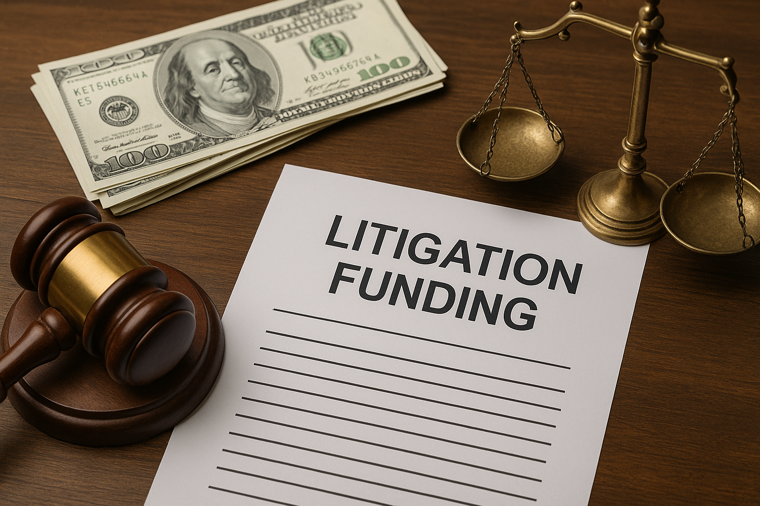Δικαστικό σφυρί, ζυγαριά δικαιοσύνης και χρηματικά στοιχεία που συμβολίζουν τη χρηματοδότηση αγωγών και τον οικονομικό αντίκτυπο των νομικών διαφορών