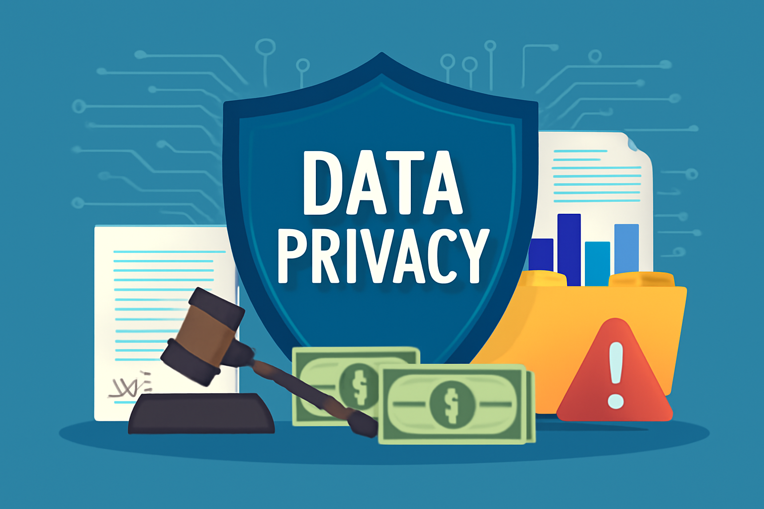 Data privacy compliance and regulatory risk management in business, illustrating data protection, legal oversight, and financial impact
