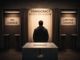 Συμβολική εικόνα ψηφοφόρου μπροστά σε κάλπη που αναδεικνύει το ζήτημα των περιορισμένων πολιτικών επιλογών στη δημοκρατία