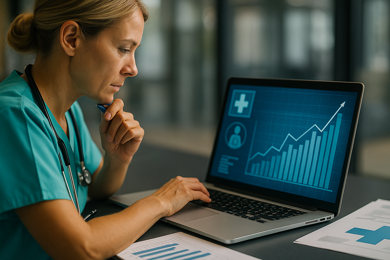 Επαγγελματίας υγείας αναλύει οικονομικά δεδομένα σε φορητό υπολογιστή, συμβολίζοντας την ψηφιακή υγεία και τις δημόσιες δαπάνες