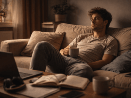 Νέος άνδρας χαλαρώνει στον καναπέ σε ήσυχο χώρο, κρατώντας κούπα καφέ, σε στιγμιότυπο χαμηλών ρυθμών καθημερινής ζωής