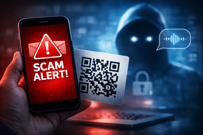 Smartphone warning icon with QR code and AI impersonation concept