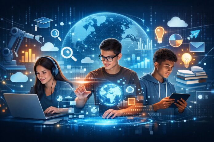 Digital skills concept image showing modern learning, technology, and data-driven education for the next generation.
