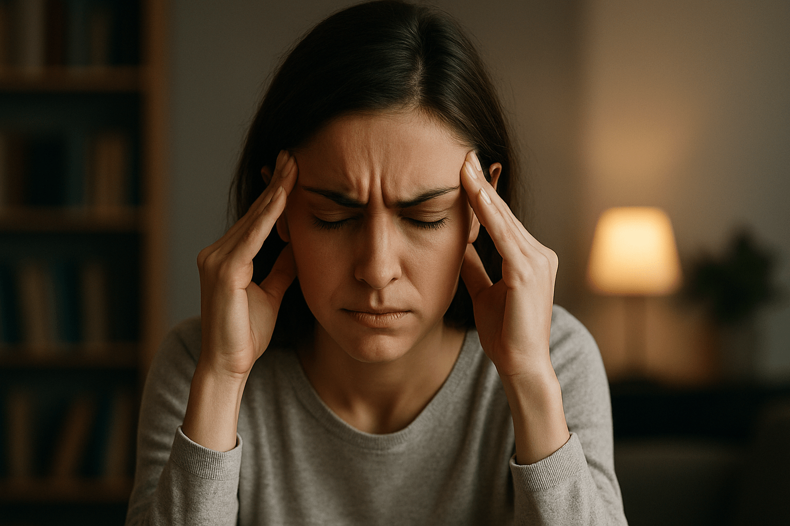 Γυναίκα με κλειστά μάτια και τα χέρια στους κροτάφους, που δείχνει νοητική κόπωση και διάσπαση προσοχής σε ήρεμο εσωτερικό χώρο