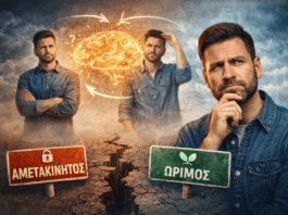 Άνθρωπος σε σκέψη ανάμεσα στη σταθερότητα και την αλλαγή γνώμης, με συμβολική απεικόνιση εγκεφάλου