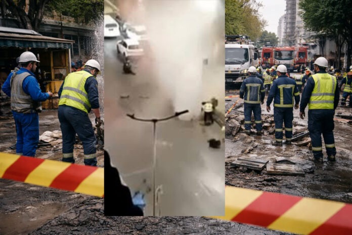 Πίδακας νερού από σπασμένο αγωγό και συνεργεία αποκατάστασης στην Αγίου Δημητρίου, στη Θεσσαλονίκη