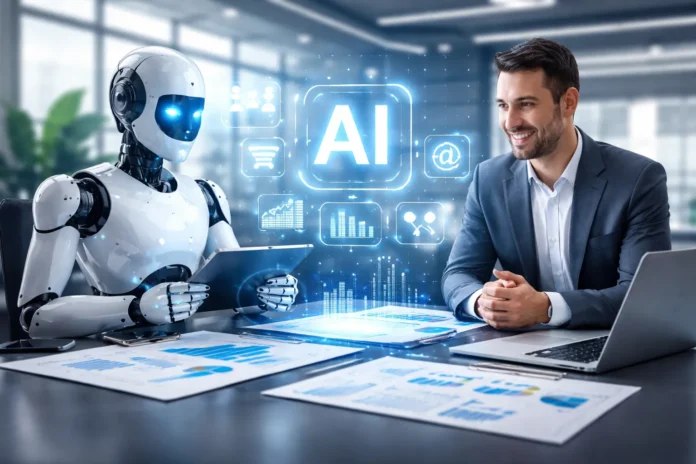 Business professional collaborating with an AI assistant and analytics dashboards to improve organization and business growth.