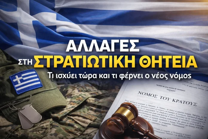 Εικονογράφηση με ελληνική σημαία και στοιχεία στρατιωτικής θητείας (στολή/διακριτικά), που παραπέμπει σε αλλαγές στο θεσμικό πλαίσιο και νέο νόμο.