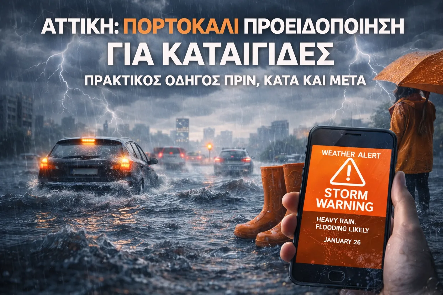 Αττική: πορτοκαλί προειδοποίηση για καταιγίδες τη Δευτέρα 26 Ιανουαρίου — πρακτικός οδηγός προστασίας πριν, κατά και μετά