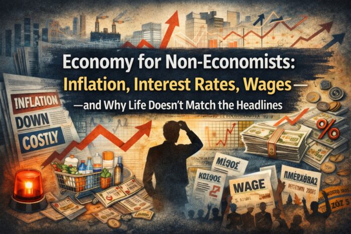 Illustration of rising inflation and interest-rate charts over a city skyline, with grocery items, wage slips, and a crowd—showing the gap between economic headlines and real-life costs.