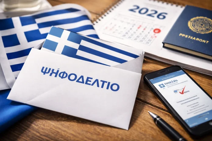 Φάκελος επιστολικής ψήφου με ψηφοδέλτιο σε γραφείο, δίπλα σε ημερολόγιο 2026 και διαβατήριο.