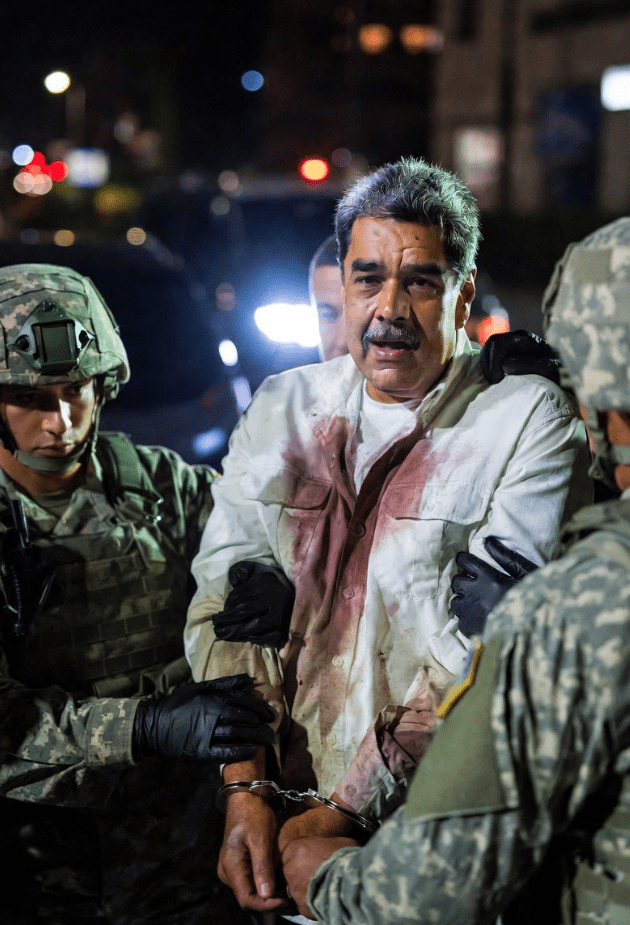 Nicolás Maduro being arrested by U.S. soldiers, handcuffed and wearing a blood-stained shirt, escorted in the night amidst flashing lights.