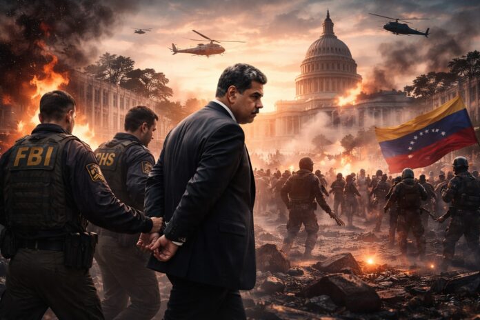 A digitally crafted composite image depicting Nicolás Maduro’s arrest and transfer to the U.S., with violent protests in Caracas, riot police, and U.S. helicopters flying over the Capitol building as the Venezuelan flag waves in the background.