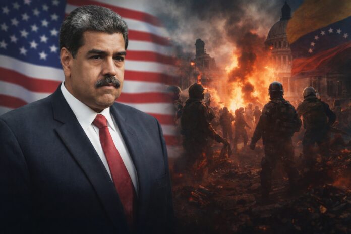 Nicolás Maduro portrait with American flag in background, juxtaposed with a protest scene in Venezuela, showing burning buildings, riot police, and civilians during political unrest.