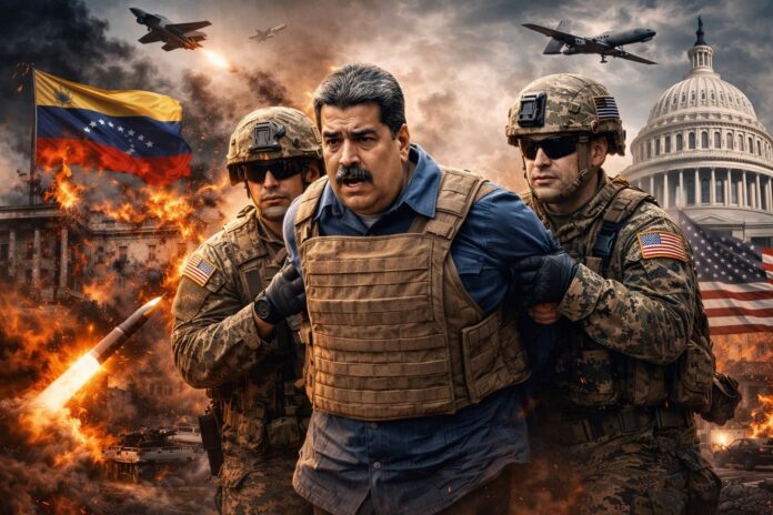 Digital composite illustration of Venezuelan President Nicolás Maduro’s capture by US soldiers during a military conflict. The image features explosions, a burning Venezuelan building, soldiers in combat gear, and an F-35 fighter jet above the Capitol building.