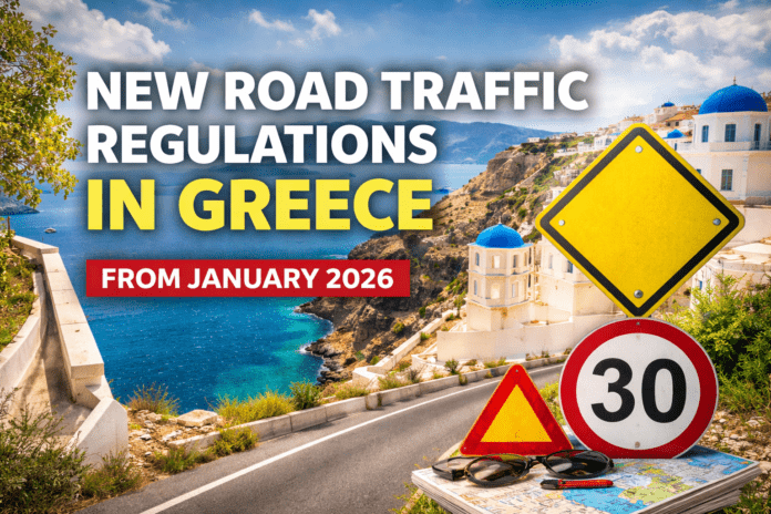 New road traffic regulations in Greece starting January 2026. Featuring a coastal road scene with a 