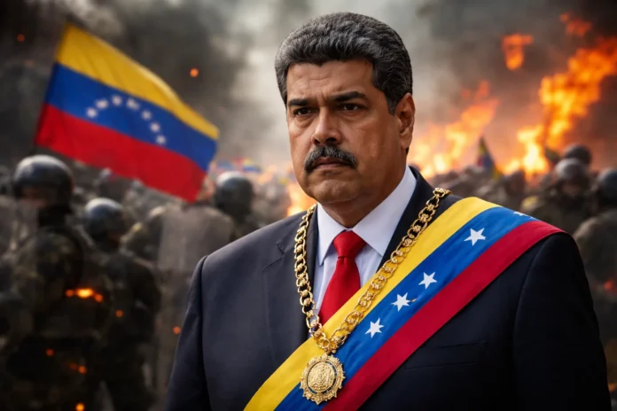 Nicolás Maduro, president of Venezuela, stands in front of a chaotic protest scene with flames, smoke, and riot police, symbolizing the political unrest and economic sanctions in the country.