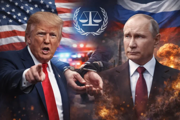 Donald Trump and Vladimir Putin in a news-style composite image illustrating debate over a possible arrest and ICC context